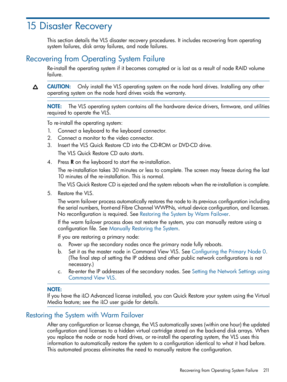 15 disaster recovery, Recovering from operating system failure, Restoring the system with warm failover | HP 9000 Virtual Library System User Manual | Page 211 / 258