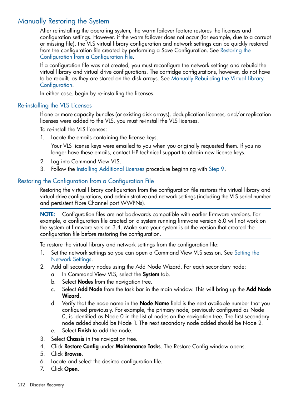 Manually restoring the system, Re-installing the vls licenses | HP 9000 Virtual Library System User Manual | Page 212 / 258