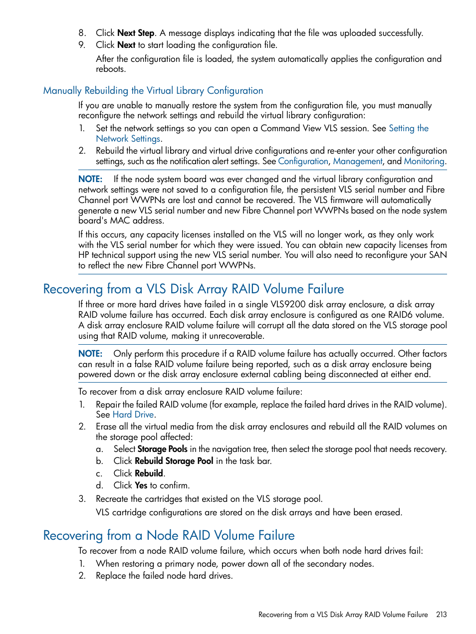 Recovering from a node raid volume failure, Manually rebuilding the virtual library, Configuration | HP 9000 Virtual Library System User Manual | Page 213 / 258