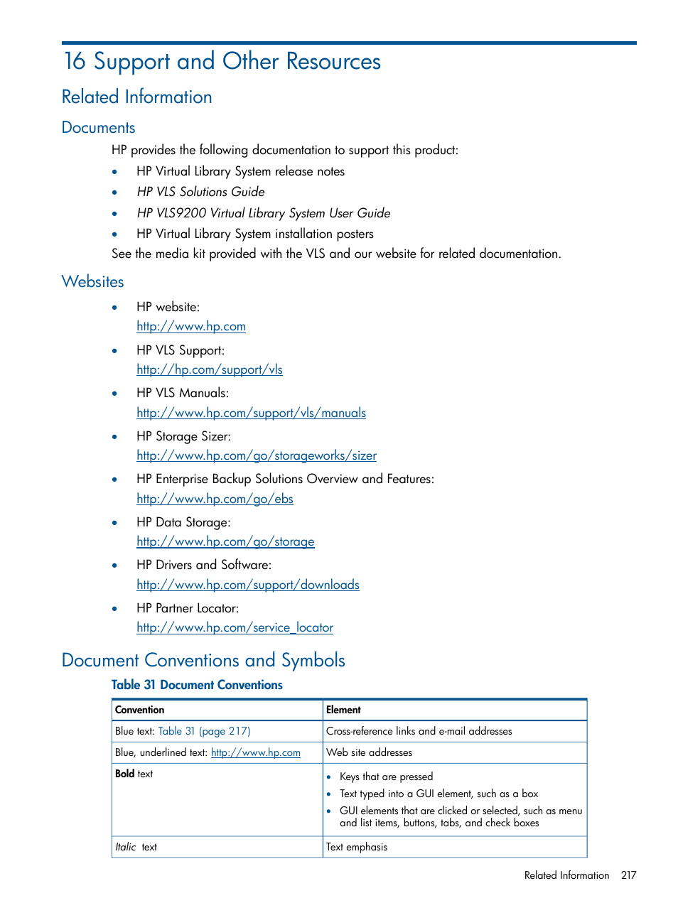 16 support and other resources, Related information, Documents | Websites, Document conventions and symbols, Documents websites | HP 9000 Virtual Library System User Manual | Page 217 / 258