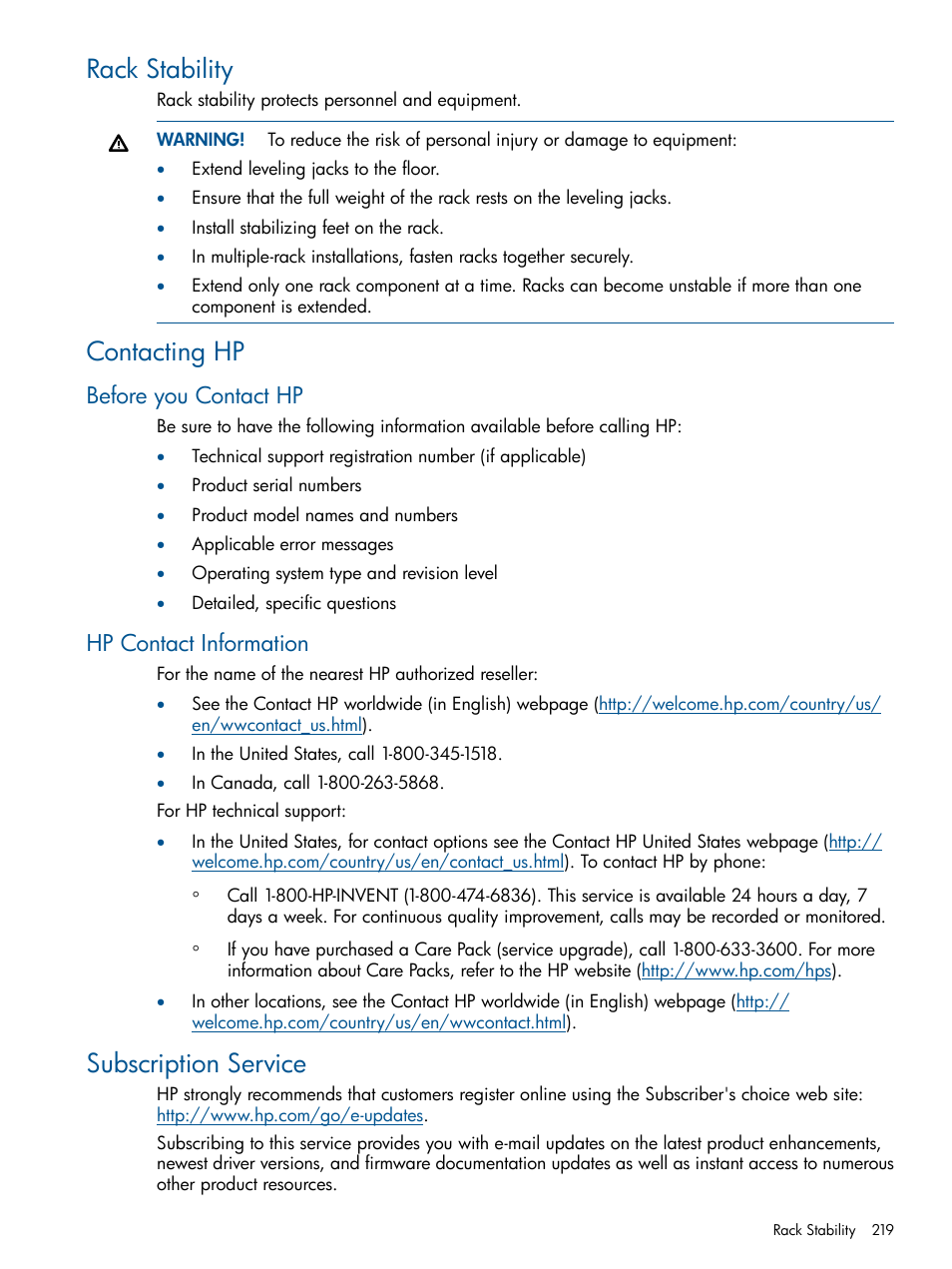 Rack stability, Contacting hp, Before you contact hp | Hp contact information, Subscription service, Rack stability contacting hp, Before you contact hp hp contact information | HP 9000 Virtual Library System User Manual | Page 219 / 258