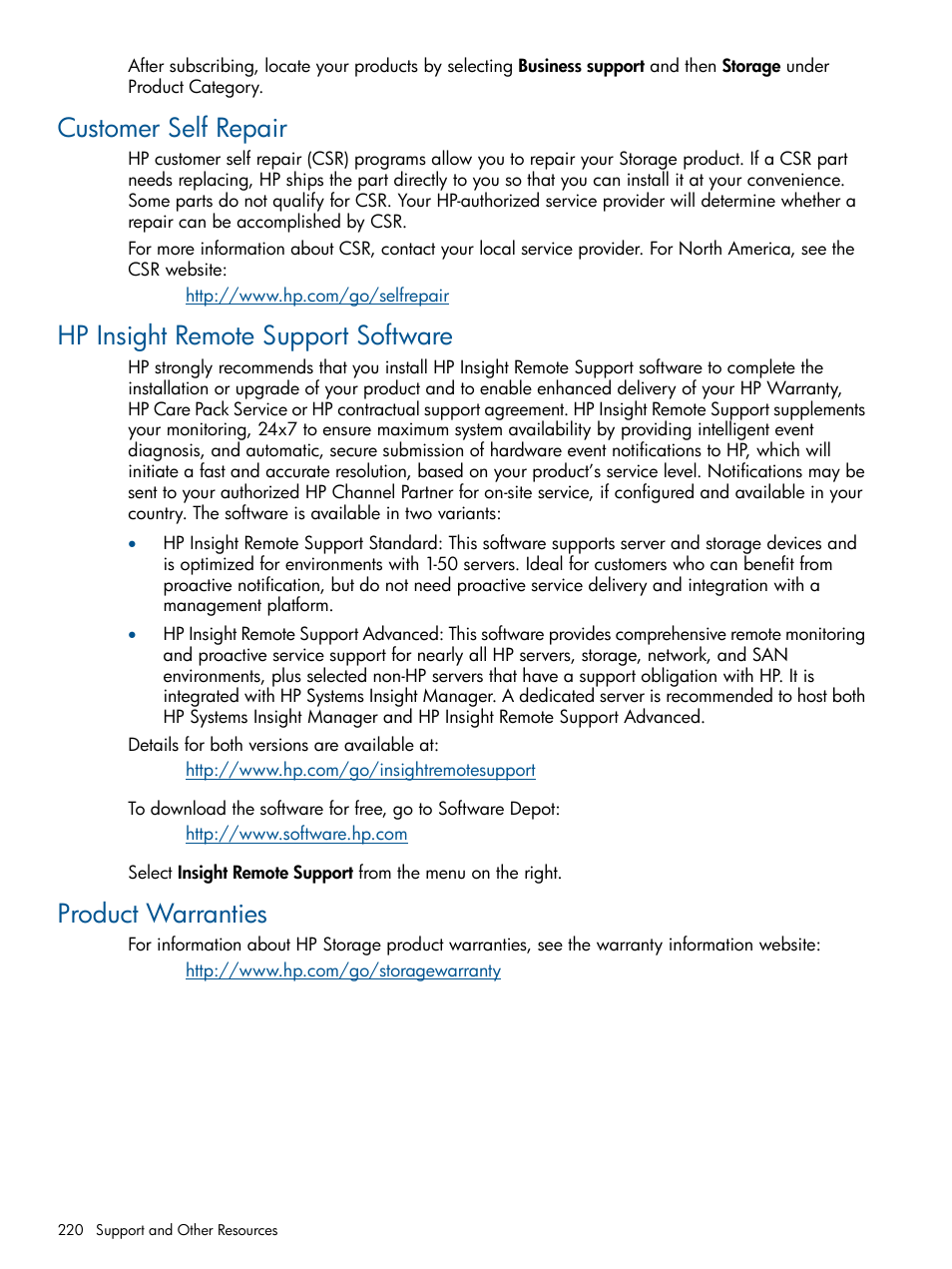 Customer self repair, Hp insight remote support software, Product warranties | HP 9000 Virtual Library System User Manual | Page 220 / 258