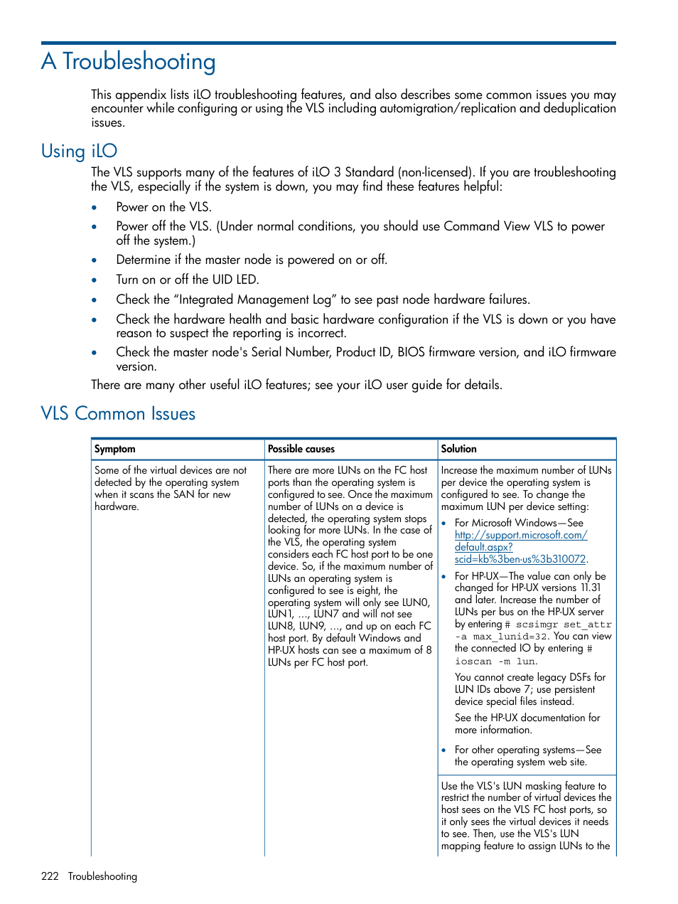 A troubleshooting, Using ilo, Vls common issues | Using ilo vls common issues | HP 9000 Virtual Library System User Manual | Page 222 / 258