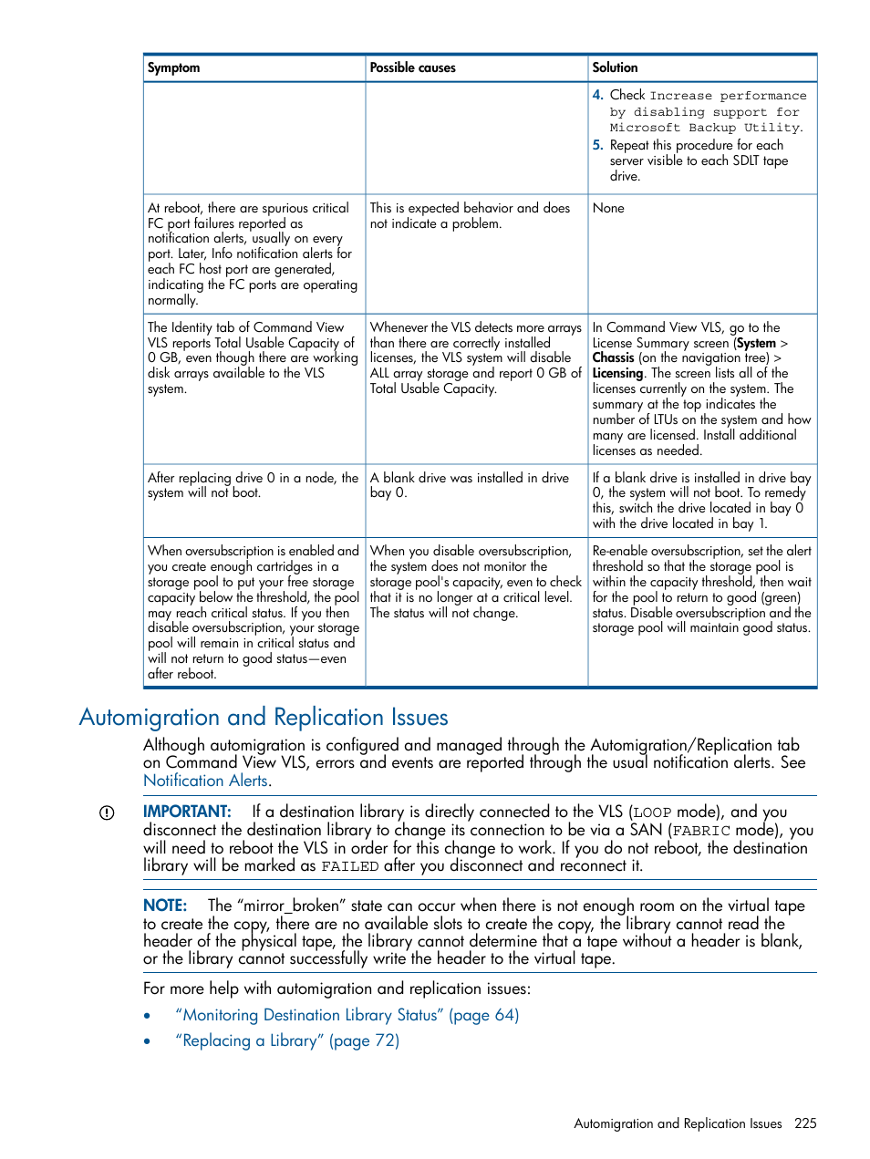 Automigration and replication issues | HP 9000 Virtual Library System User Manual | Page 225 / 258