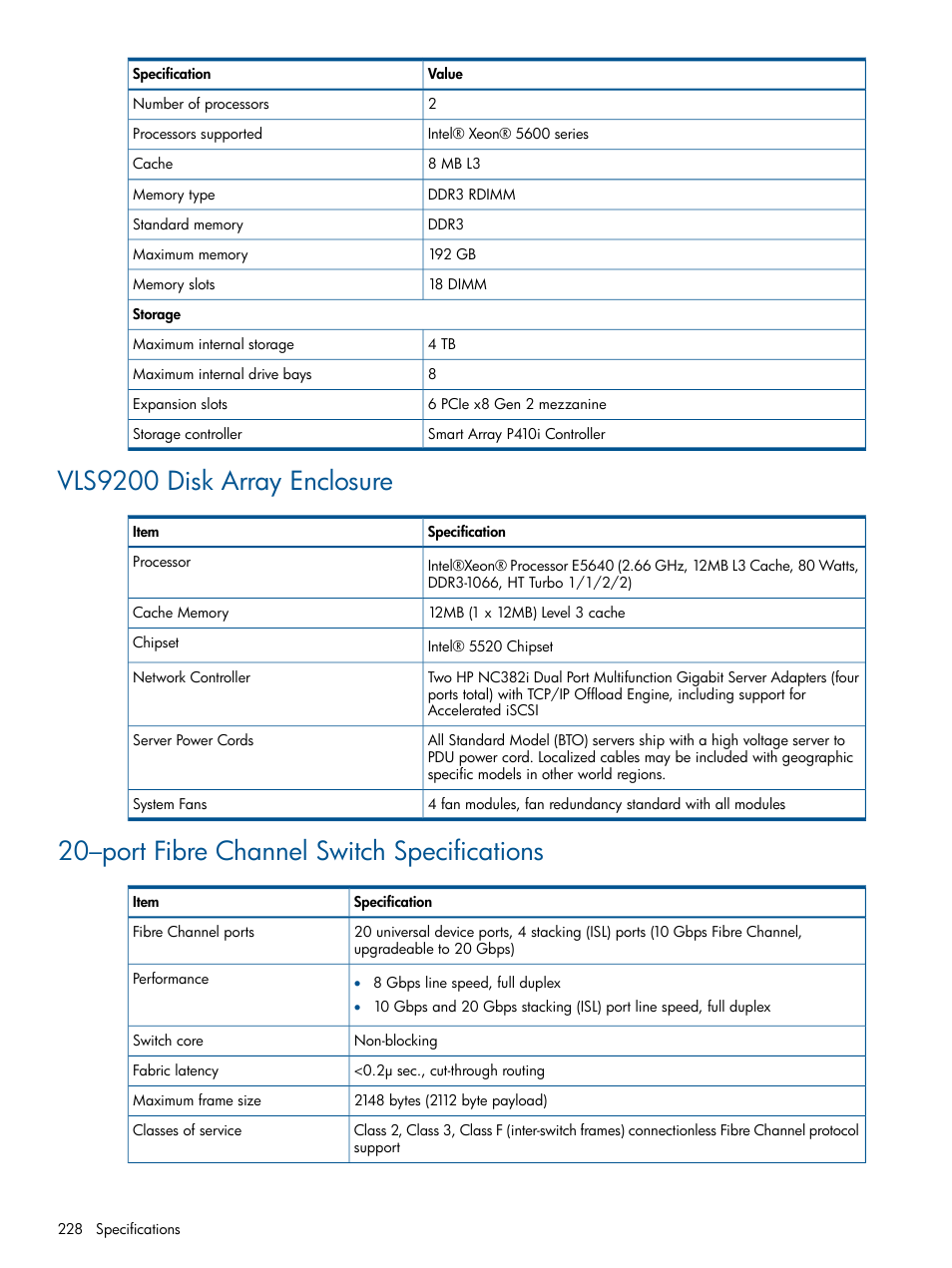 Vls9200 disk array enclosure, 20–port fibre channel switch specifications | HP 9000 Virtual Library System User Manual | Page 228 / 258