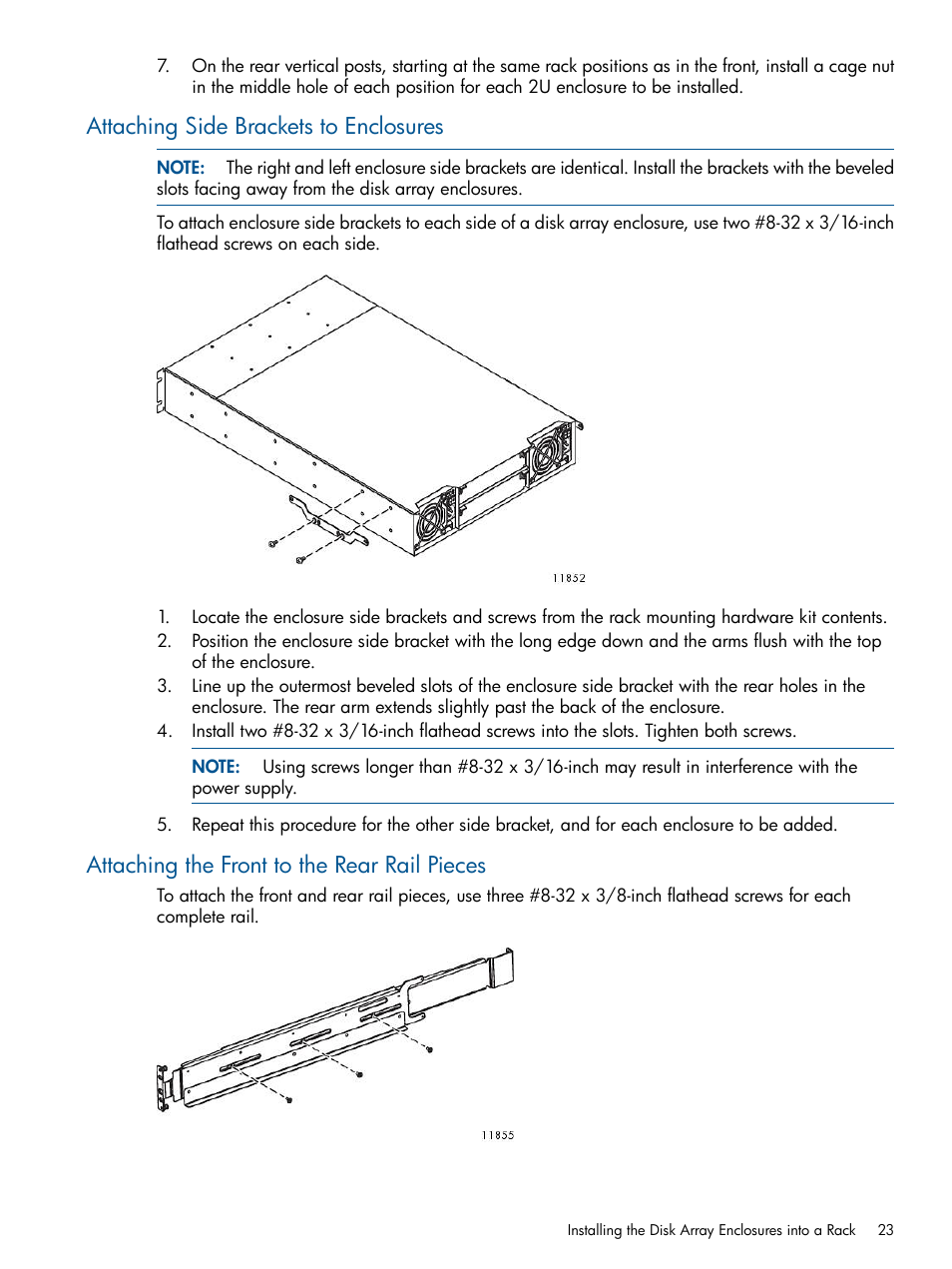 Attaching side brackets to enclosures, Attaching the front to the rear rail pieces | HP 9000 Virtual Library System User Manual | Page 23 / 258