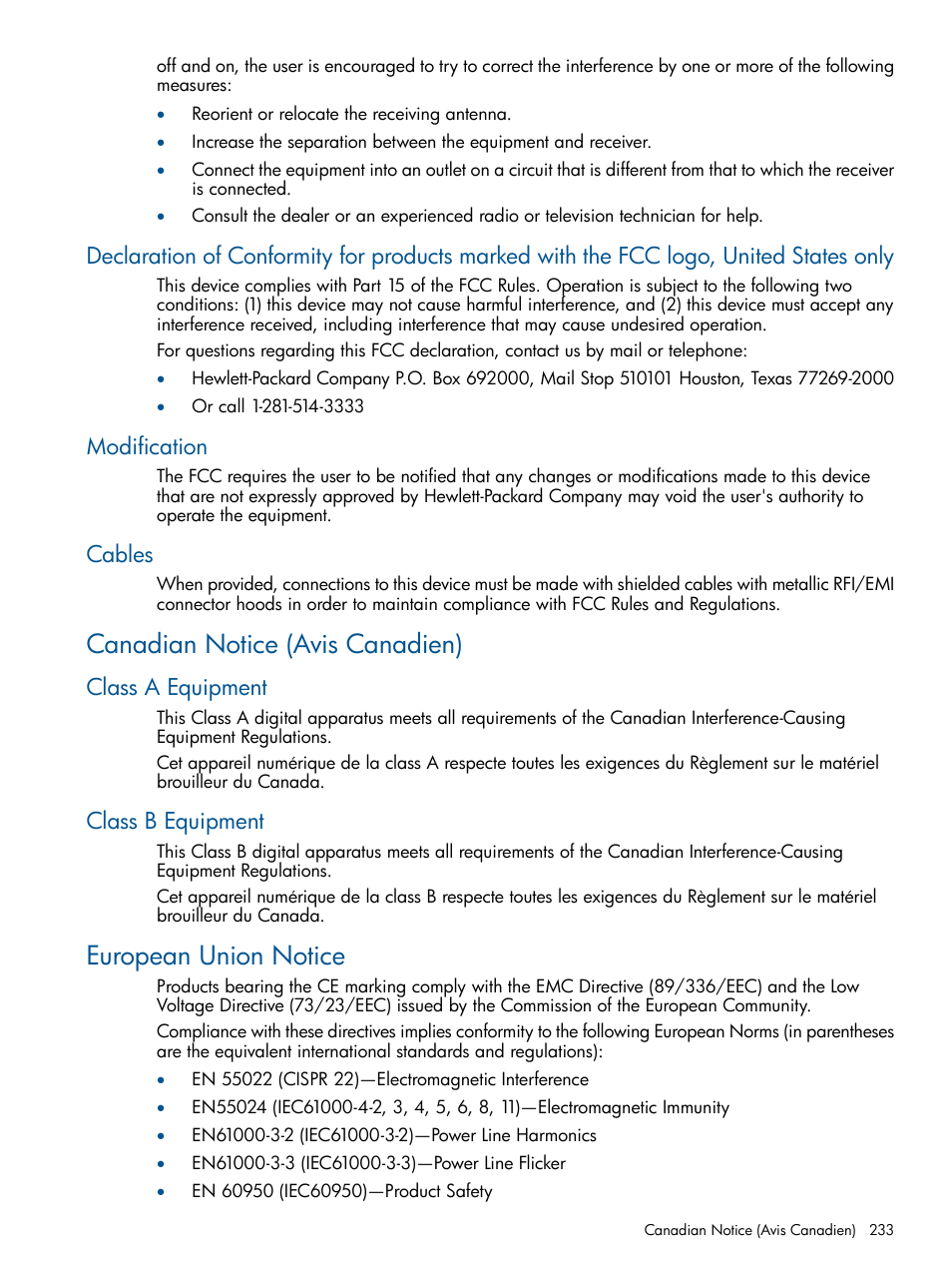 Modification, Cables, Canadian notice (avis canadien) | Class a equipment, Class b equipment, European union notice, Class a equipment class b equipment | HP 9000 Virtual Library System User Manual | Page 233 / 258