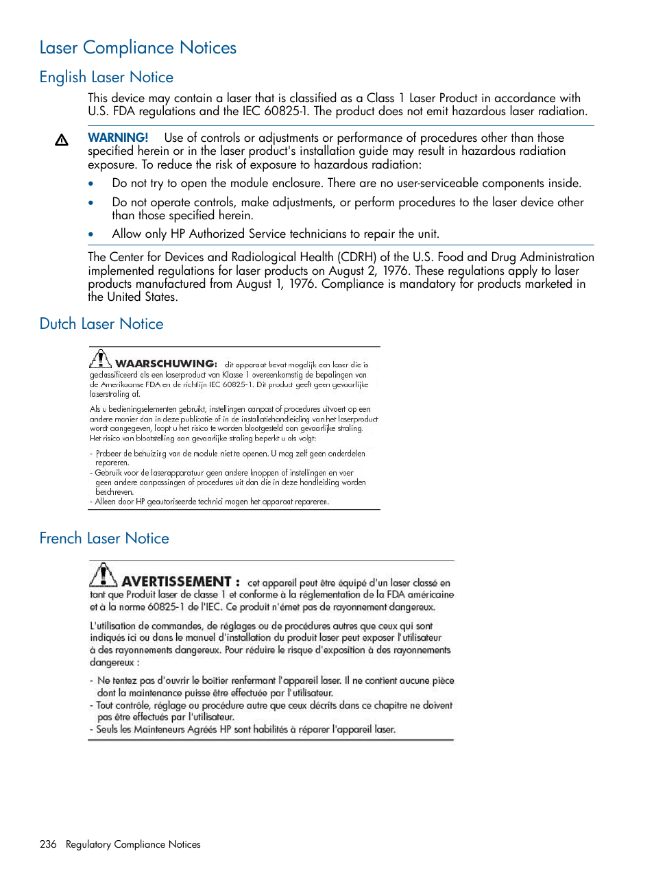 Laser compliance notices, English laser notice, Dutch laser notice | French laser notice, Dutch laser notice french laser notice | HP 9000 Virtual Library System User Manual | Page 236 / 258