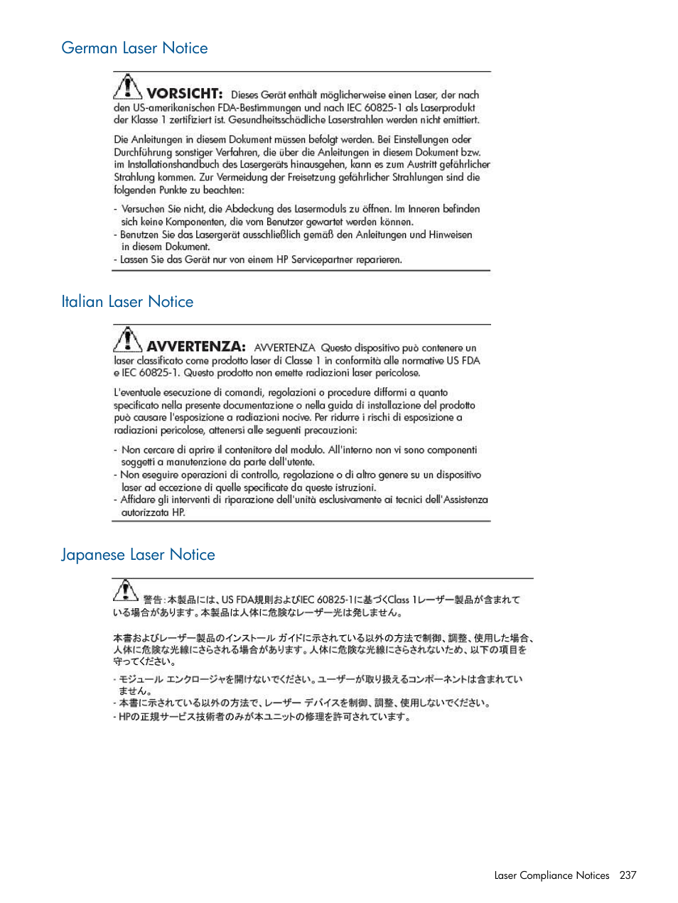 German laser notice, Italian laser notice, Japanese laser notice | HP 9000 Virtual Library System User Manual | Page 237 / 258