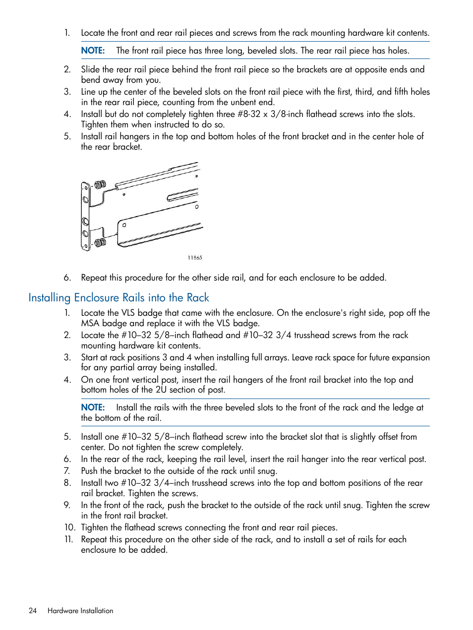 Installing enclosure rails into the rack | HP 9000 Virtual Library System User Manual | Page 24 / 258
