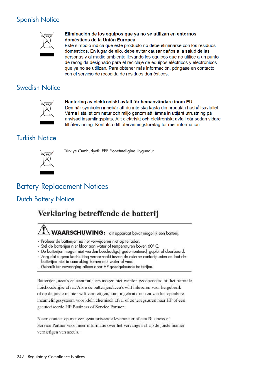 Spanish notice, Swedish notice, Turkish notice | Battery replacement notices, Dutch battery notice, Spanish notice swedish notice turkish notice | HP 9000 Virtual Library System User Manual | Page 242 / 258