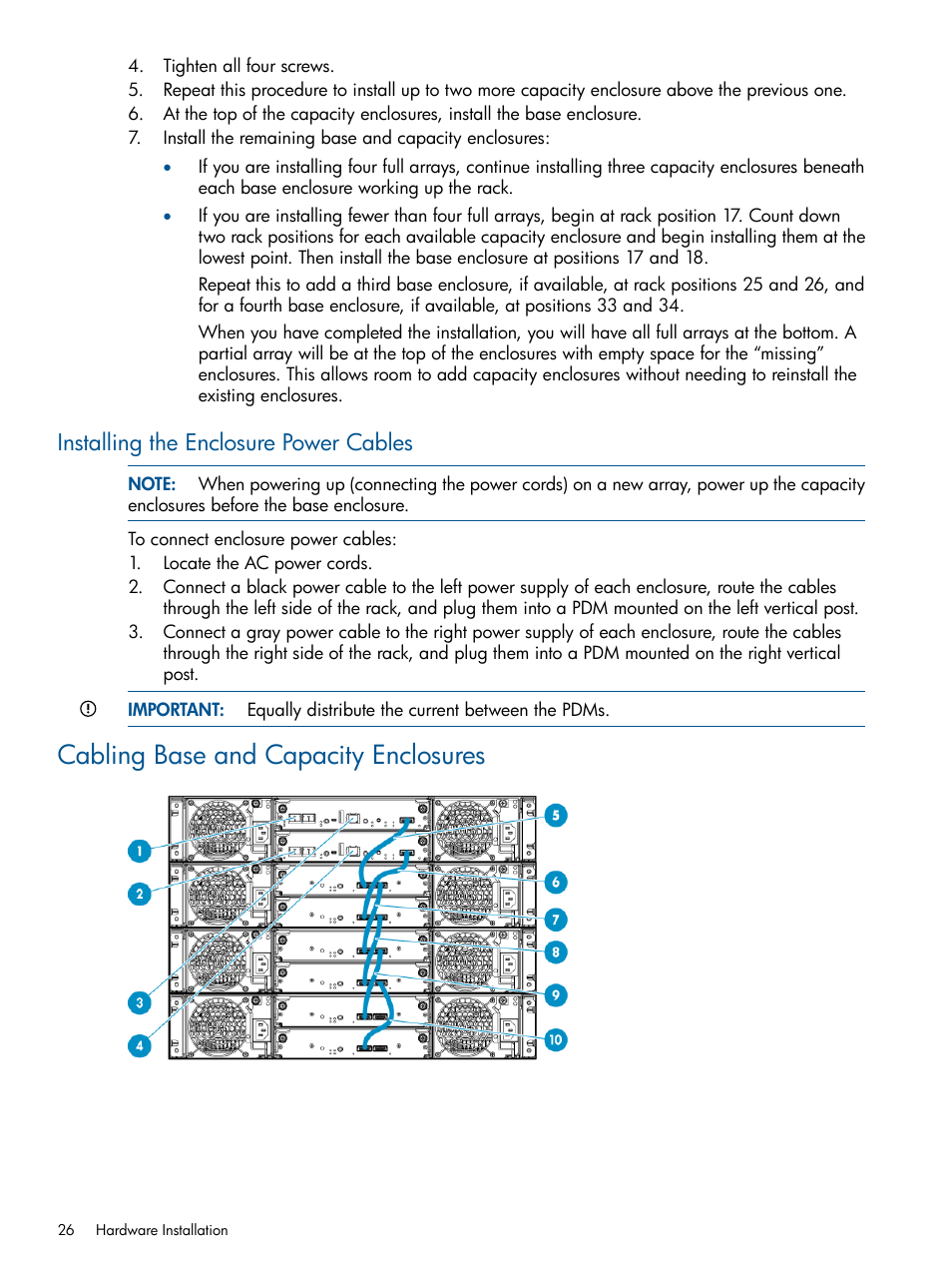 Installing the enclosure power cables, Cabling base and capacity enclosures | HP 9000 Virtual Library System User Manual | Page 26 / 258