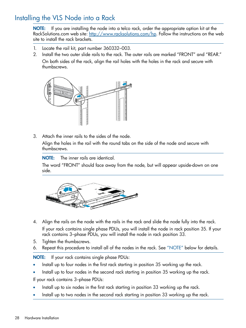 Installing the vls node into a rack | HP 9000 Virtual Library System User Manual | Page 28 / 258
