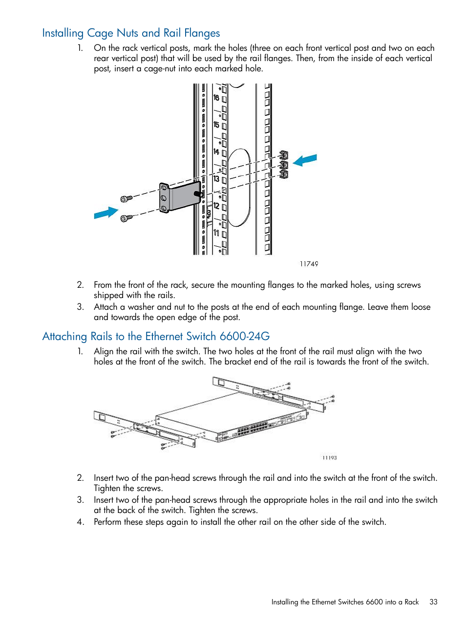 Installing cage nuts and rail flanges, Attaching rails to the ethernet switch 6600-24g | HP 9000 Virtual Library System User Manual | Page 33 / 258