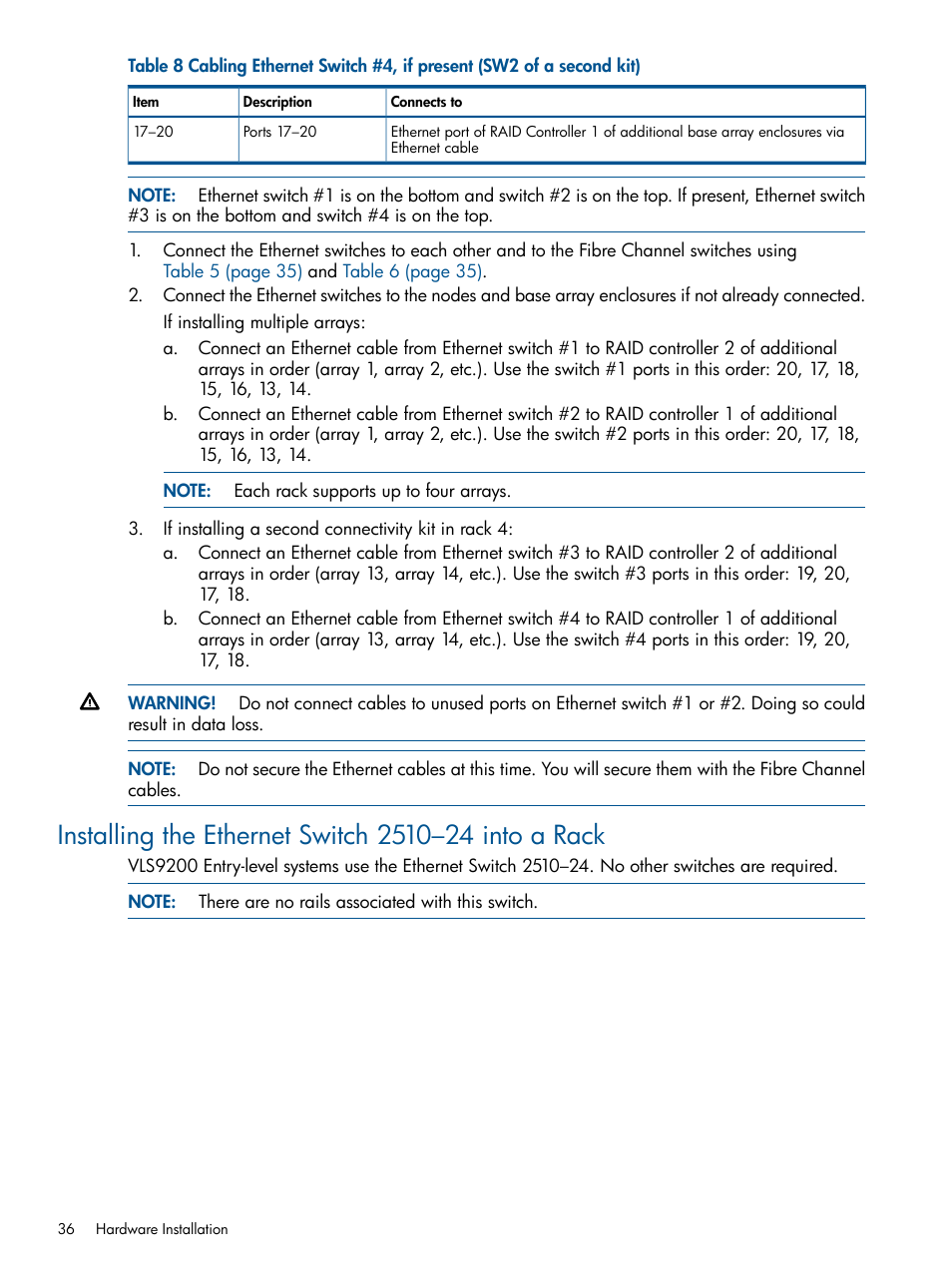 Installing the ethernet switch 2510–24 into a rack | HP 9000 Virtual Library System User Manual | Page 36 / 258
