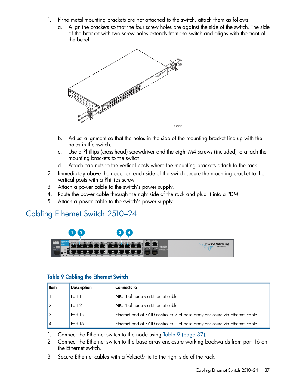 Cabling ethernet switch 2510–24 | HP 9000 Virtual Library System User Manual | Page 37 / 258