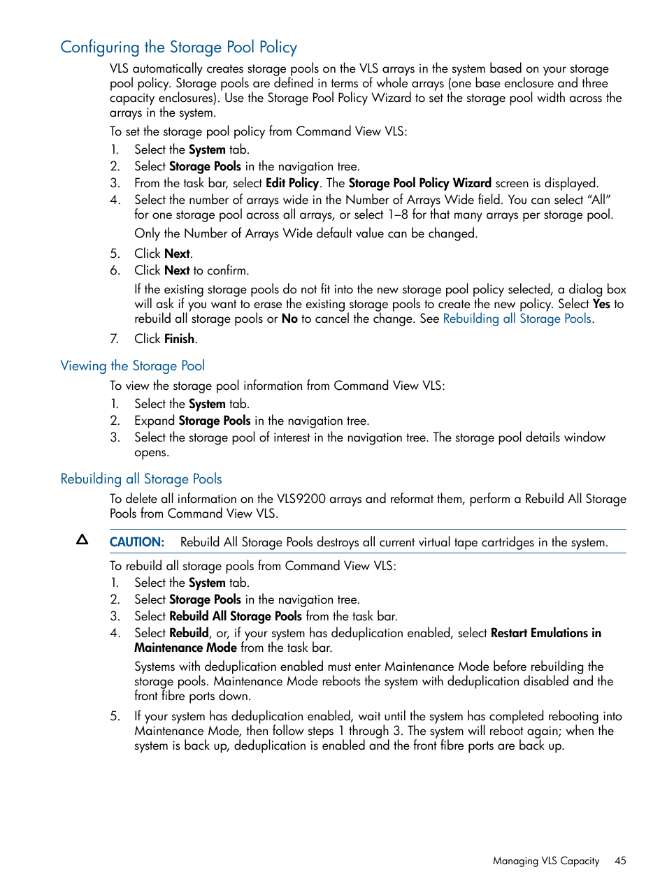 Configuring the storage pool policy, Viewing the storage pool, Rebuilding all storage pools | HP 9000 Virtual Library System User Manual | Page 45 / 258