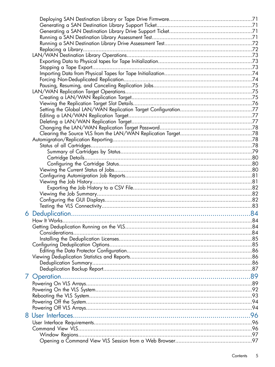 6 deduplication, 7 operation, 8 user interfaces | HP 9000 Virtual Library System User Manual | Page 5 / 258