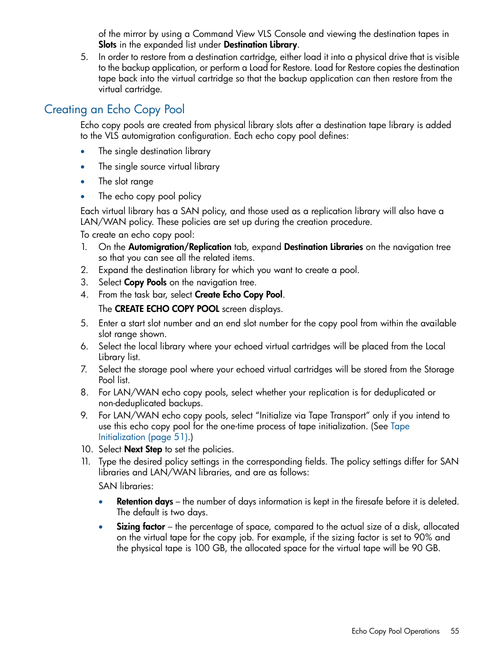 Creating an echo copy pool | HP 9000 Virtual Library System User Manual | Page 55 / 258