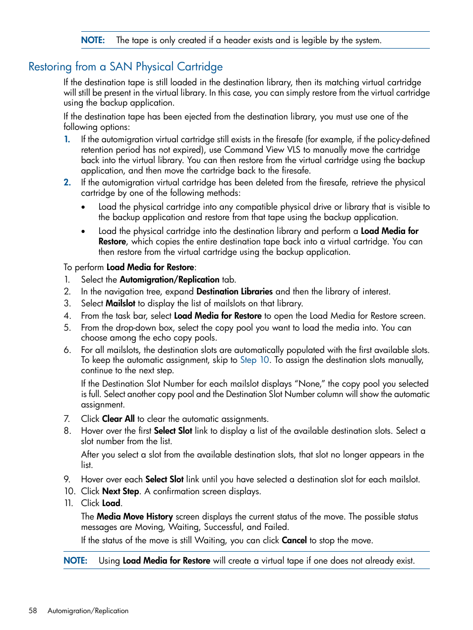 Restoring from a san physical cartridge | HP 9000 Virtual Library System User Manual | Page 58 / 258