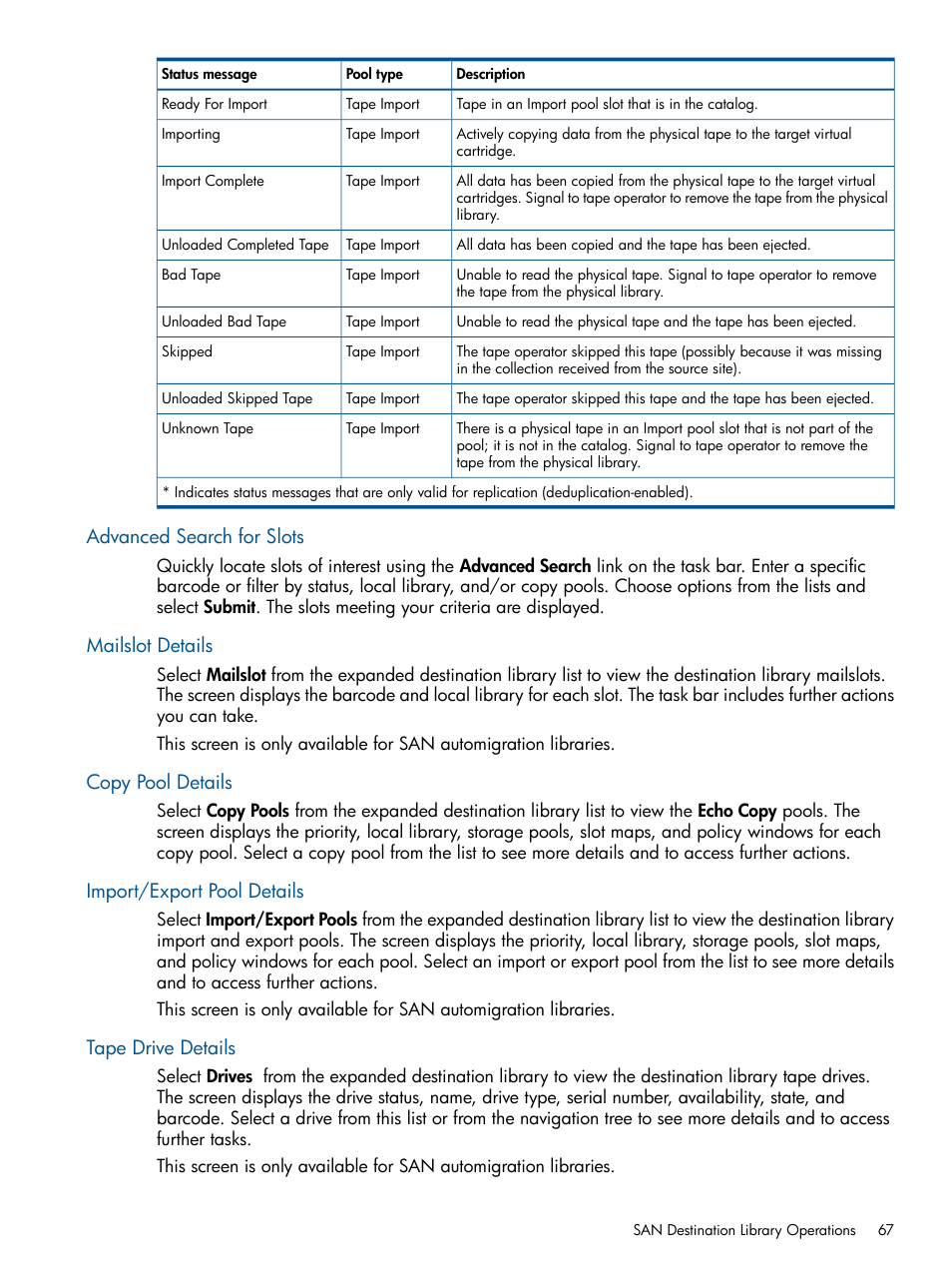 Advanced search for slots, Mailslot details, Copy pool details | Import/export pool details, Tape drive details | HP 9000 Virtual Library System User Manual | Page 67 / 258