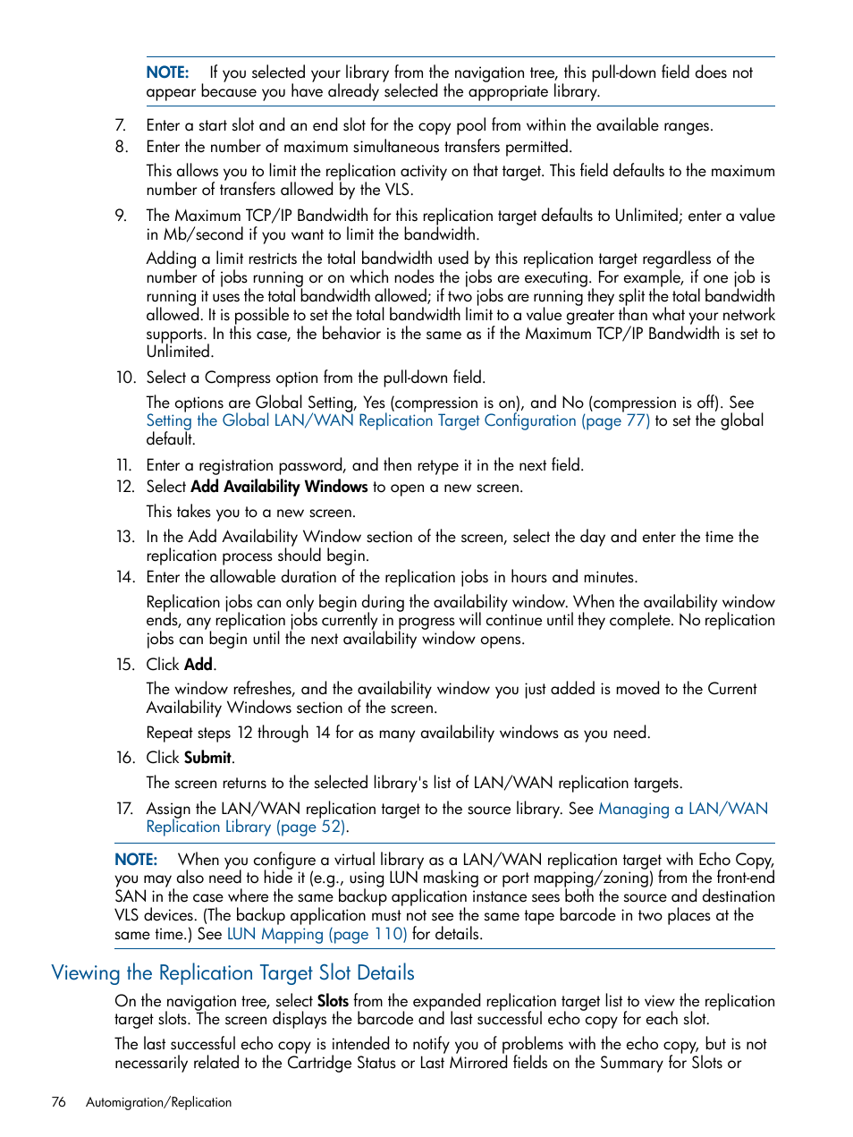Viewing the replication target slot details | HP 9000 Virtual Library System User Manual | Page 76 / 258