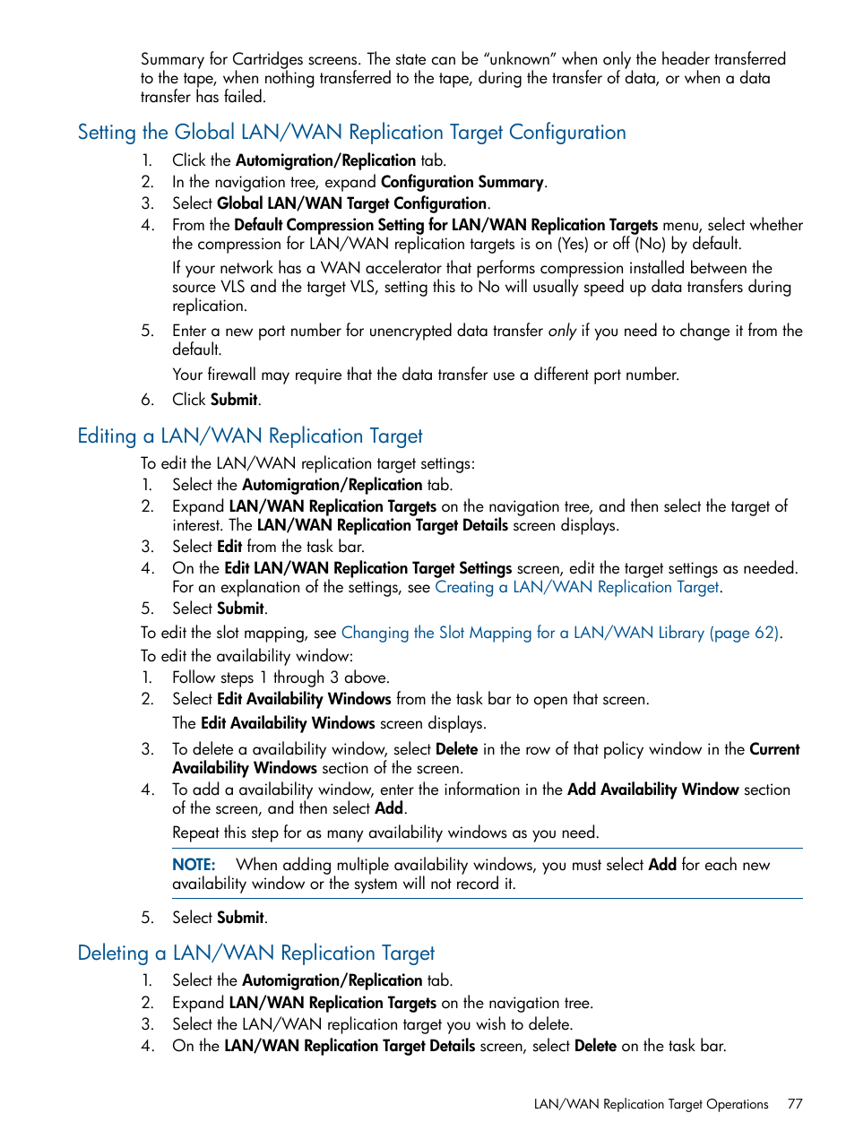 Editing a lan/wan replication target, Deleting a lan/wan replication target | HP 9000 Virtual Library System User Manual | Page 77 / 258