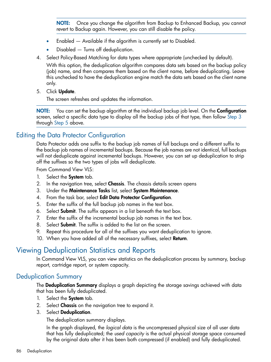 Editing the data protector configuration, Viewing deduplication statistics and reports, Deduplication summary | HP 9000 Virtual Library System User Manual | Page 86 / 258