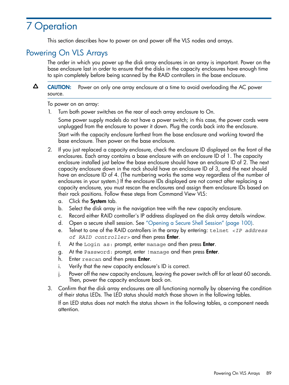 7 operation, Powering on vls arrays | HP 9000 Virtual Library System User Manual | Page 89 / 258