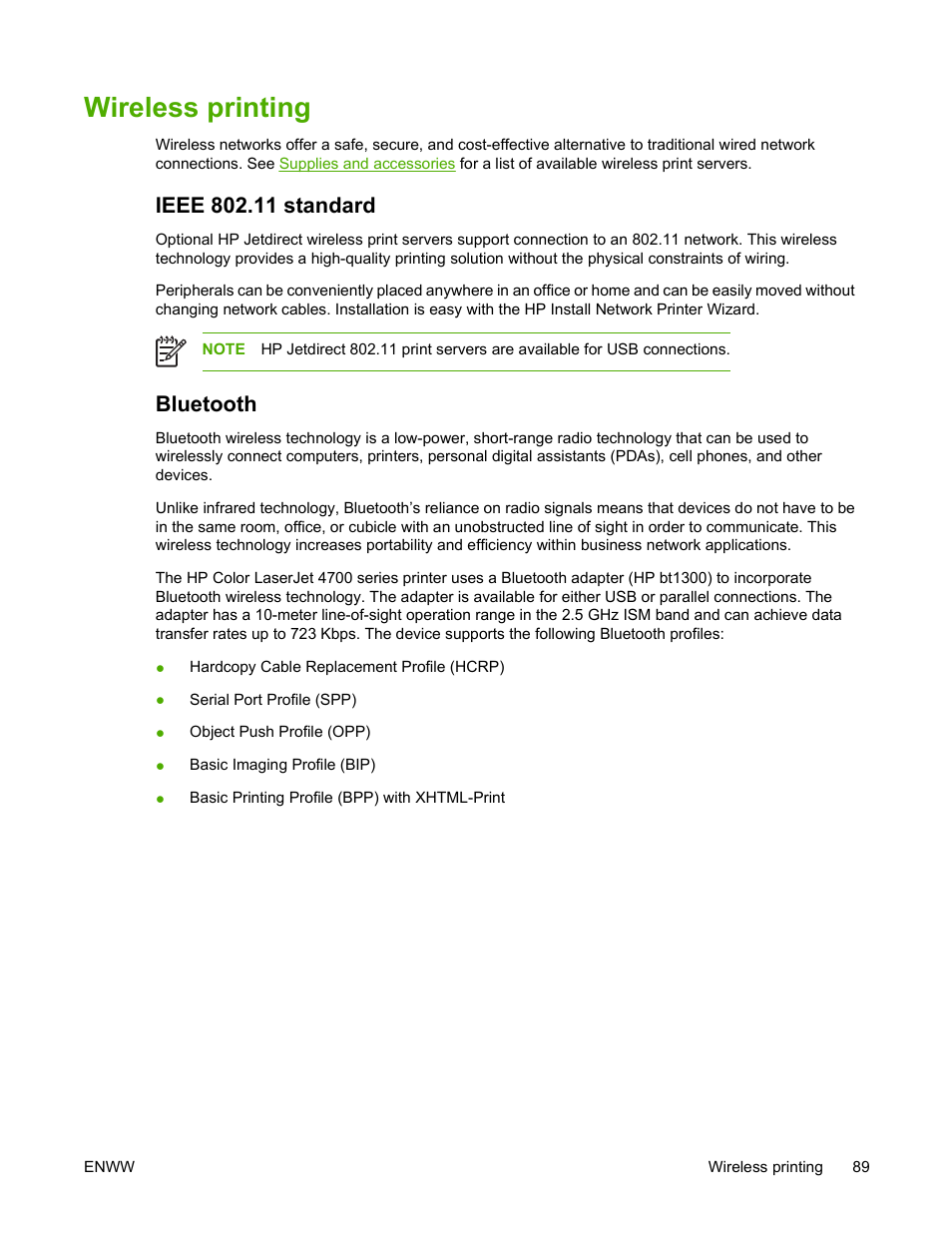 Wireless printing, Ieee 802.11 standard, Bluetooth | Ieee 802.11 standard bluetooth | HP Color LaserJet 4700 Printer series User Manual | Page 105 / 330