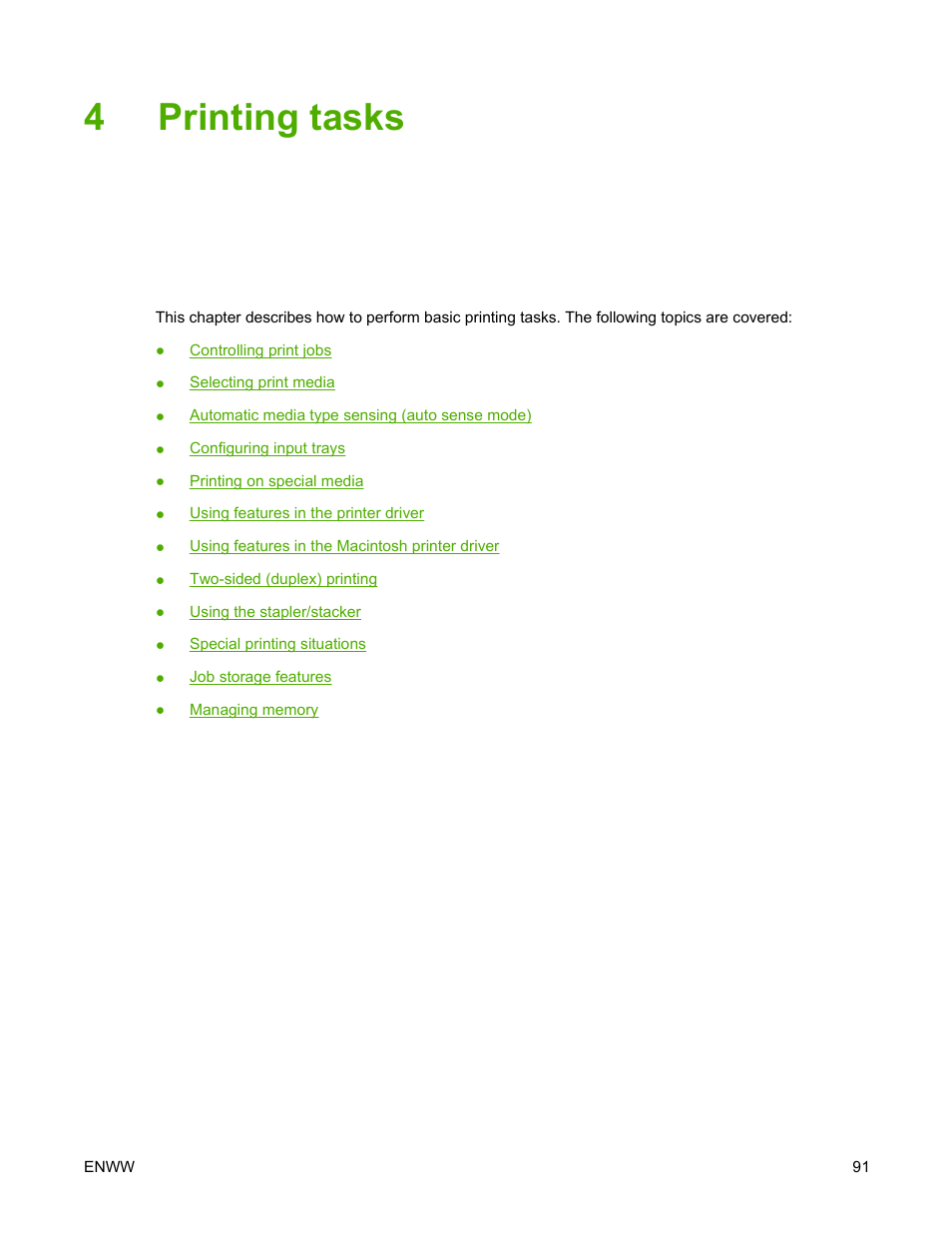 Printing tasks, 4 printing tasks, 4printing tasks | HP Color LaserJet 4700 Printer series User Manual | Page 107 / 330