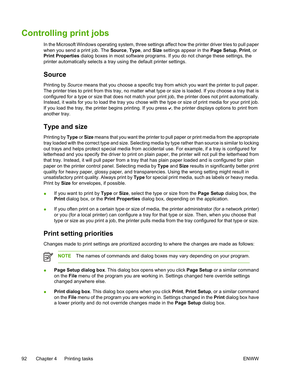 Controlling print jobs, Source, Type and size | Print setting priorities, Source type and size print setting priorities | HP Color LaserJet 4700 Printer series User Manual | Page 108 / 330