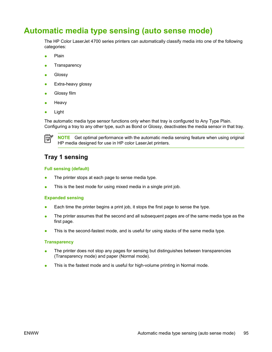 Automatic media type sensing (auto sense mode), Tray 1 sensing | HP Color LaserJet 4700 Printer series User Manual | Page 111 / 330