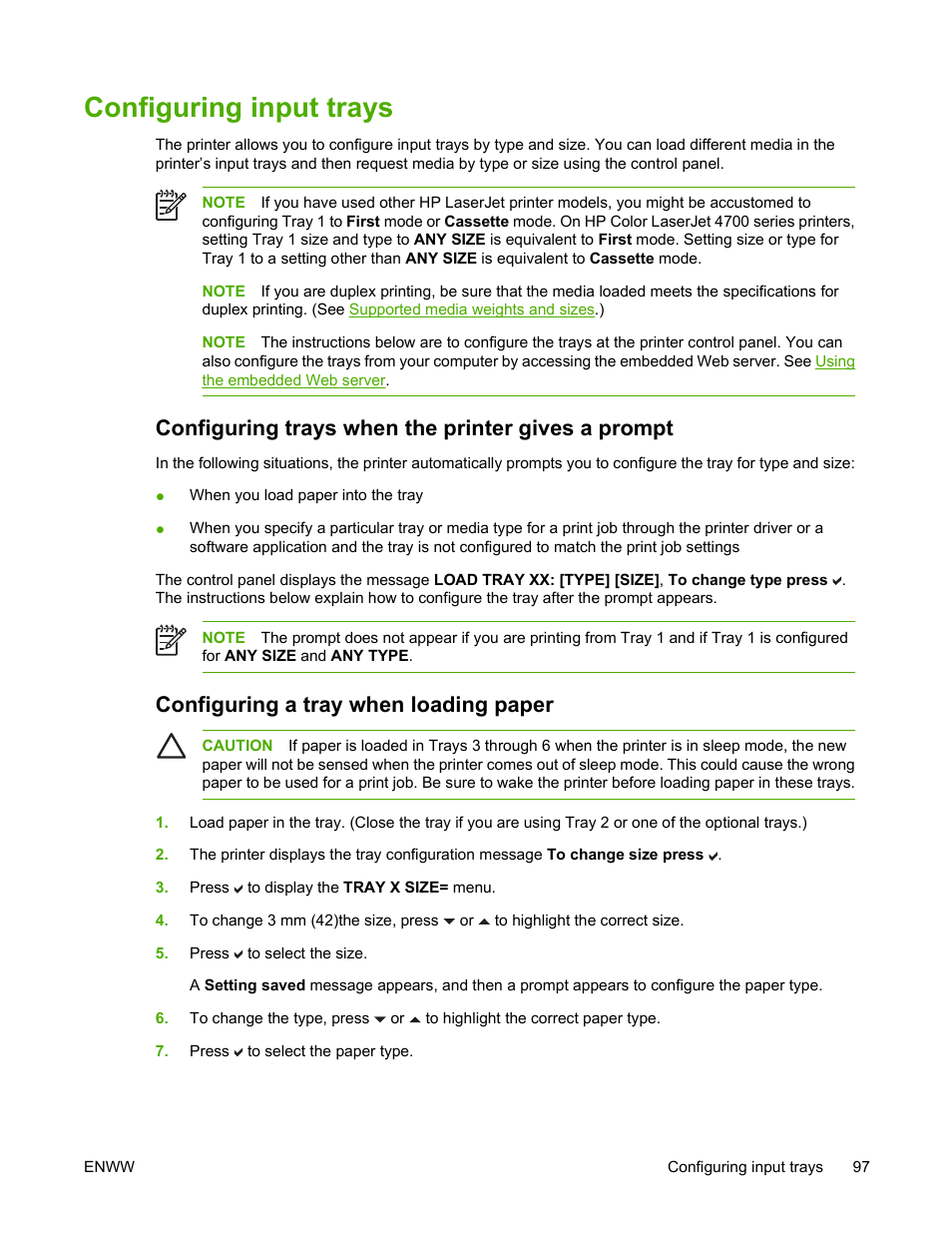 Configuring input trays, Configuring trays when the printer gives a prompt, Configuring a tray when loading paper | HP Color LaserJet 4700 Printer series User Manual | Page 113 / 330