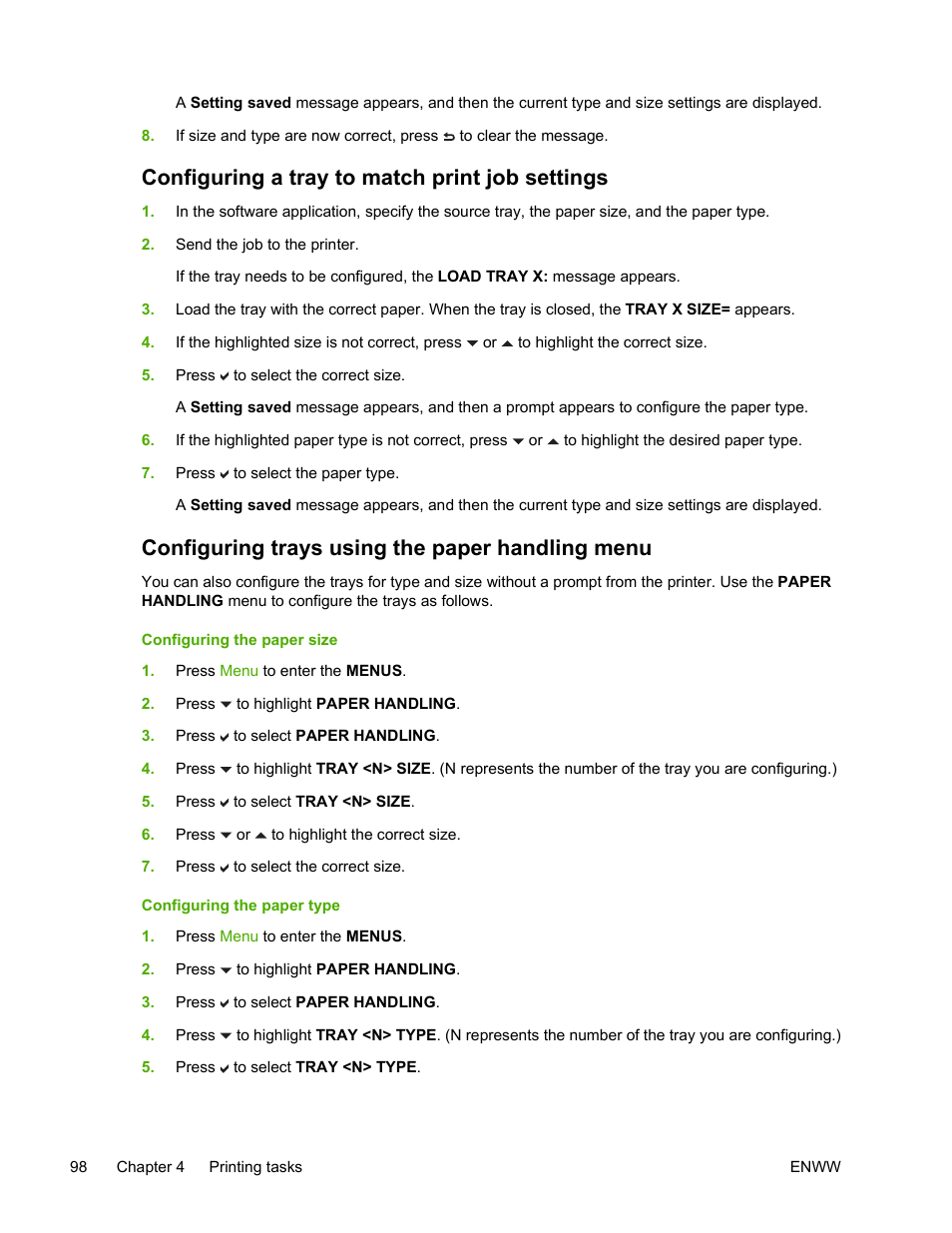 Configuring a tray to match print job settings, Configuring trays using the paper handling menu | HP Color LaserJet 4700 Printer series User Manual | Page 114 / 330