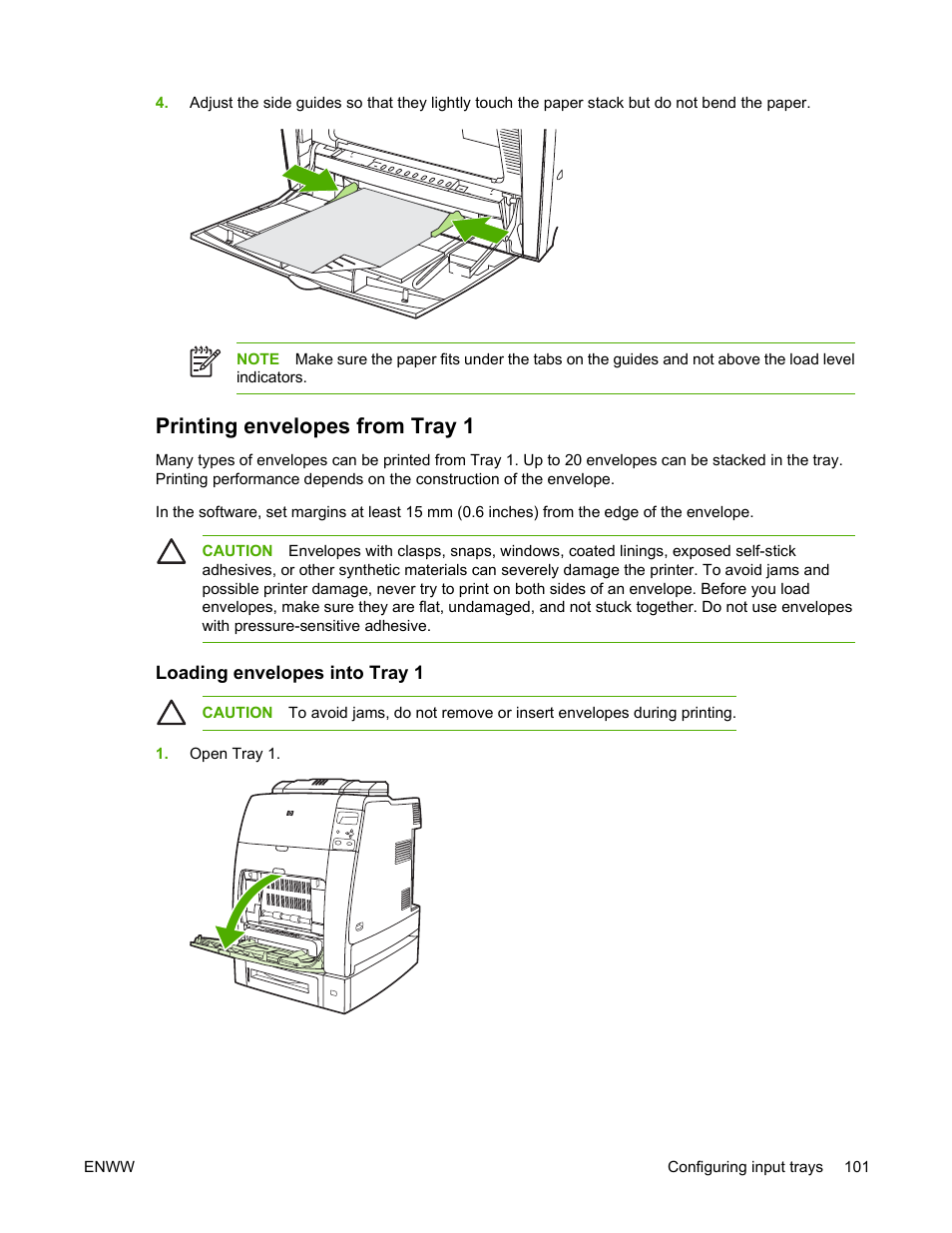 Printing envelopes from tray 1, Loading envelopes into tray 1 | HP Color LaserJet 4700 Printer series User Manual | Page 117 / 330