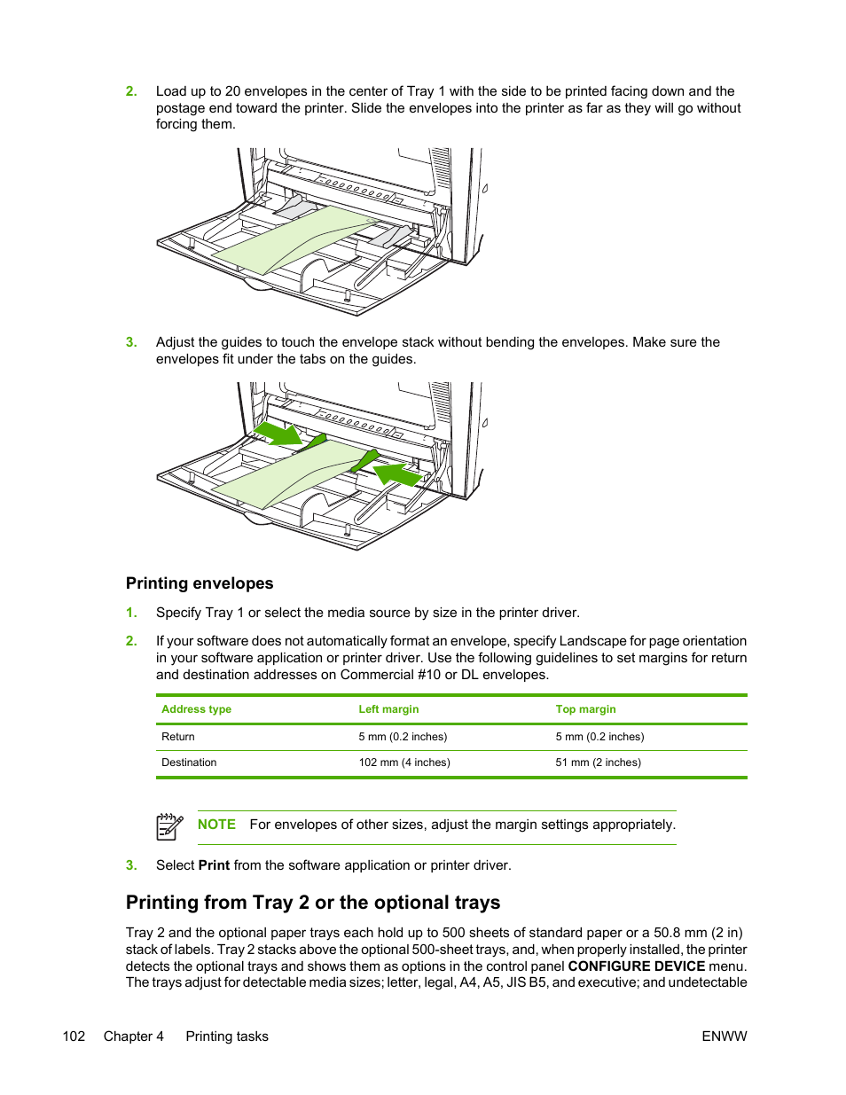 Printing envelopes, Printing from tray 2 or the optional trays | HP Color LaserJet 4700 Printer series User Manual | Page 118 / 330