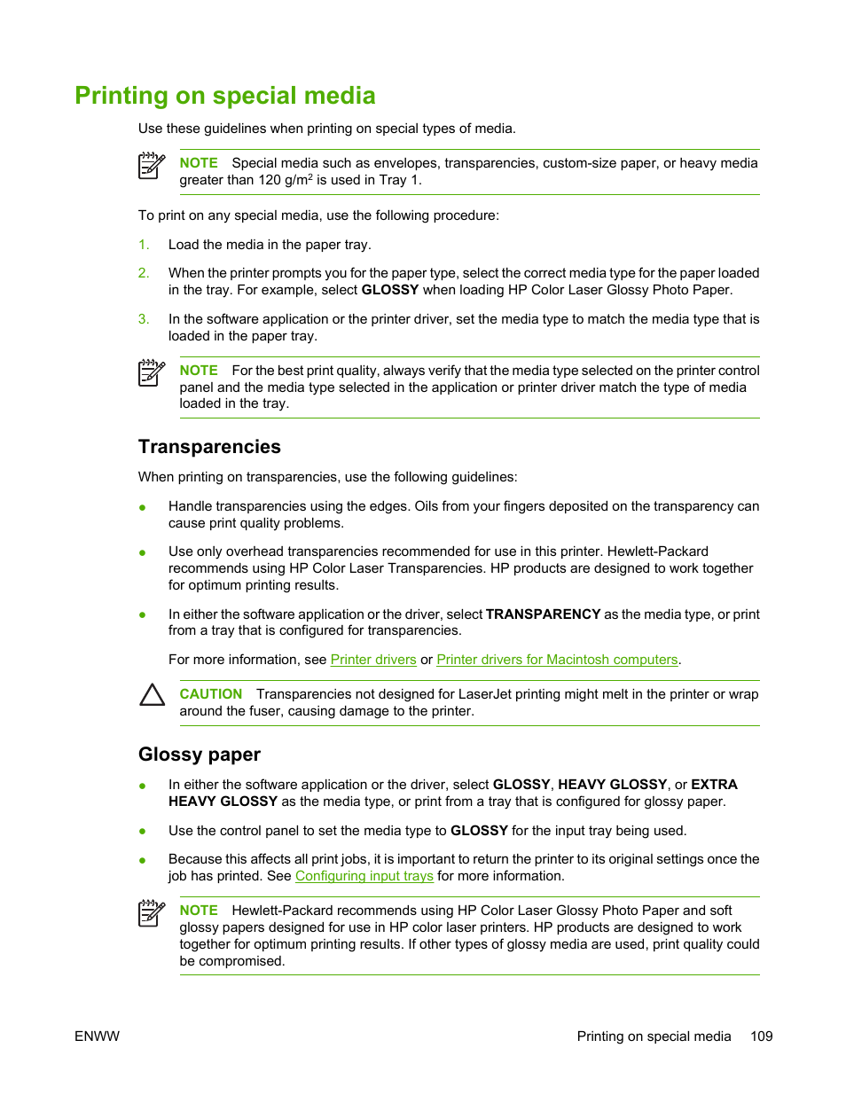 Printing on special media, Transparencies, Glossy paper | Transparencies glossy paper | HP Color LaserJet 4700 Printer series User Manual | Page 125 / 330