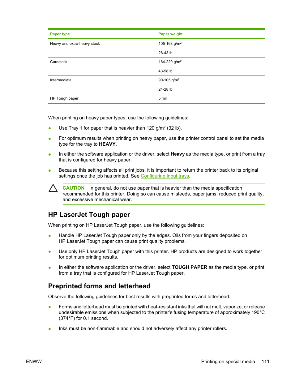 Hp laserjet tough paper, Preprinted forms and letterhead | HP Color LaserJet 4700 Printer series User Manual | Page 127 / 330