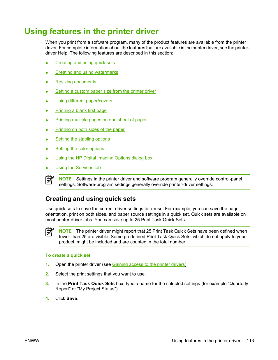 Using features in the printer driver, Creating and using quick sets | HP Color LaserJet 4700 Printer series User Manual | Page 129 / 330