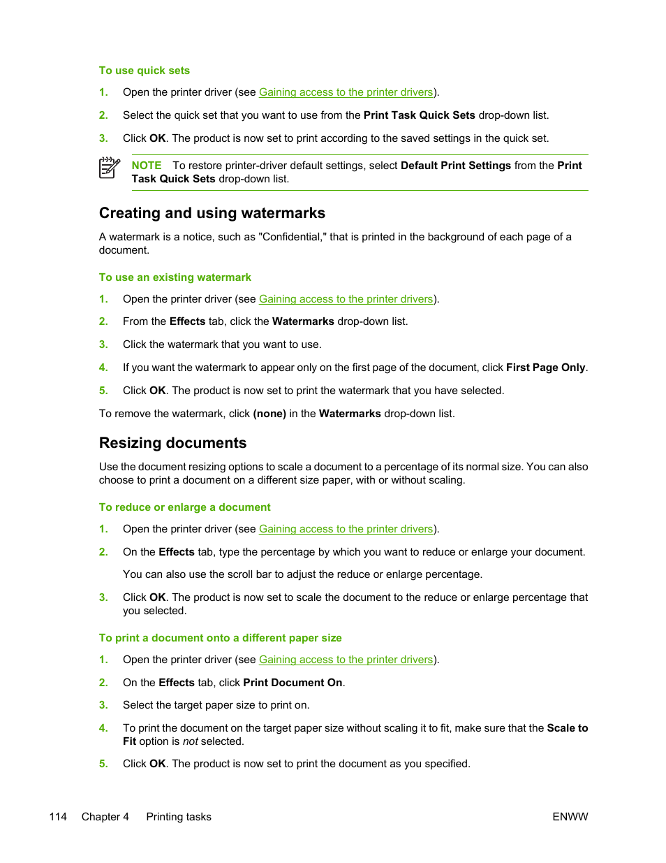 Creating and using watermarks, Resizing documents, Creating and using watermarks resizing documents | HP Color LaserJet 4700 Printer series User Manual | Page 130 / 330