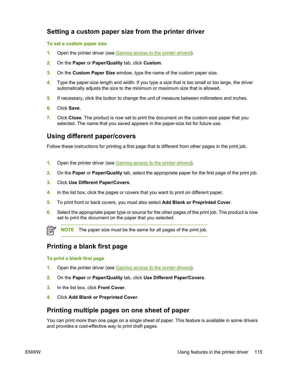 Using different paper/covers, Printing a blank first page, Printing multiple pages on one sheet of paper | HP Color LaserJet 4700 Printer series User Manual | Page 131 / 330