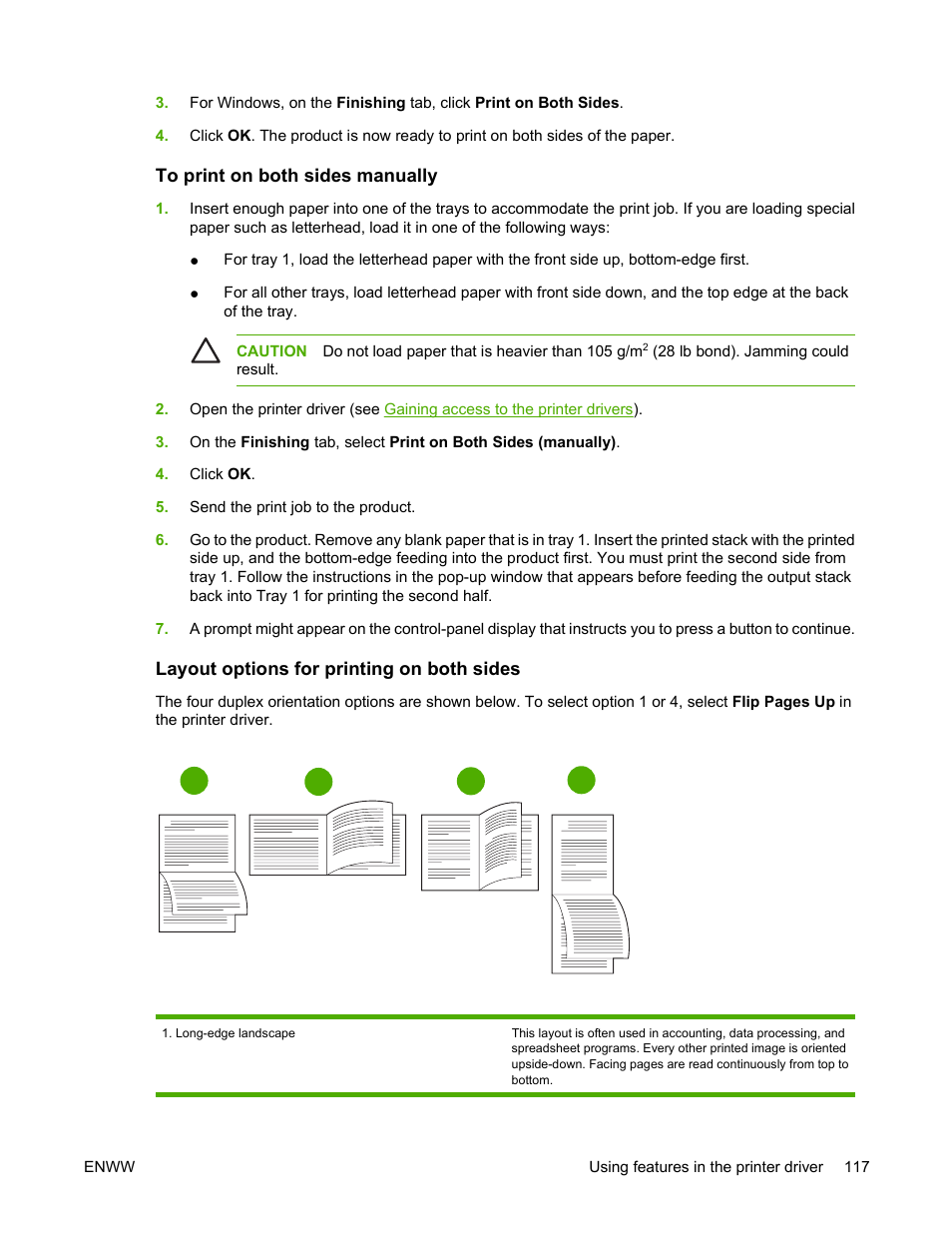 To print on both sides manually, Layout options for printing on both sides | HP Color LaserJet 4700 Printer series User Manual | Page 133 / 330