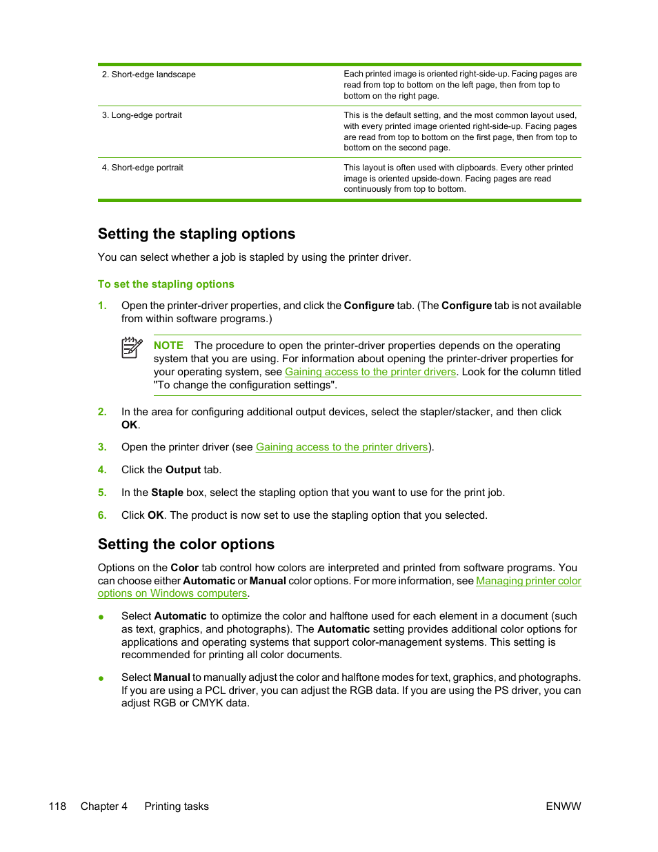 Setting the stapling options, Setting the color options | HP Color LaserJet 4700 Printer series User Manual | Page 134 / 330