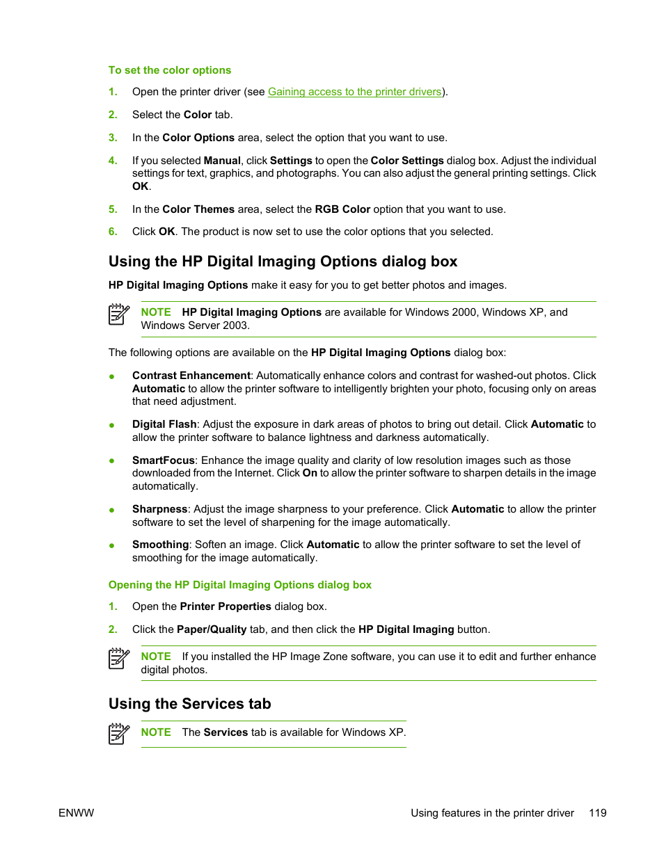 Using the hp digital imaging options dialog box, Using the services tab | HP Color LaserJet 4700 Printer series User Manual | Page 135 / 330