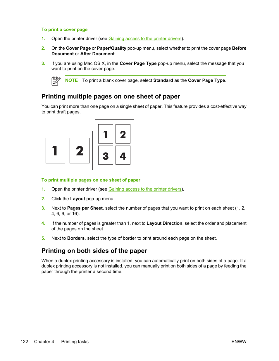 Printing on both sides of the paper, Printing multiple pages on one sheet of paper | HP Color LaserJet 4700 Printer series User Manual | Page 138 / 330