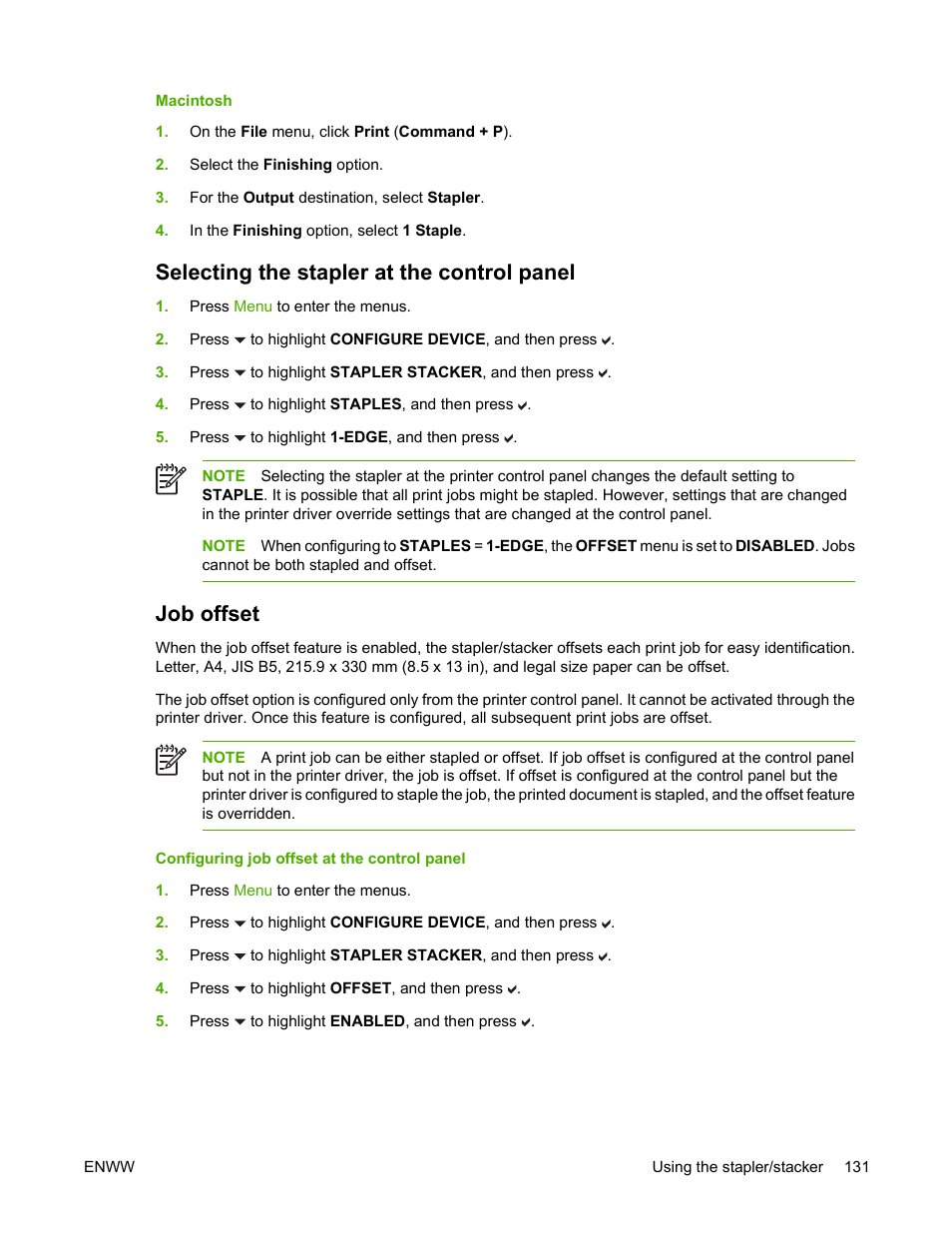 Selecting the stapler at the control panel, Job offset | HP Color LaserJet 4700 Printer series User Manual | Page 147 / 330