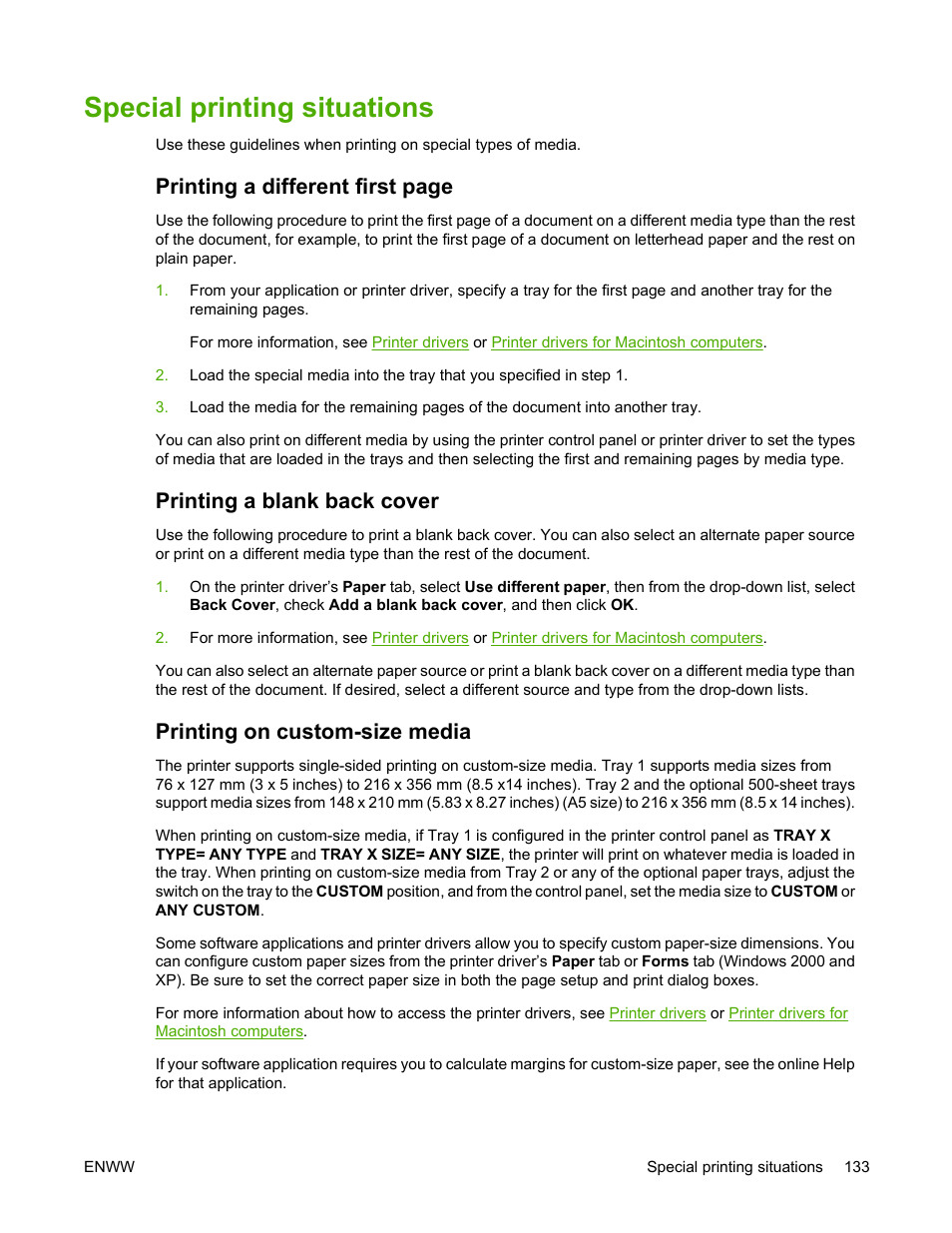 Special printing situations, Printing a blank back cover, Printing on custom-size media | Printing a different first page | HP Color LaserJet 4700 Printer series User Manual | Page 149 / 330