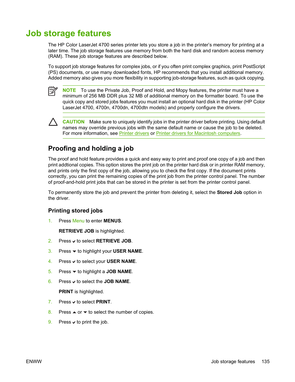 Job storage features, Proofing and holding a job, Printing stored jobs | HP Color LaserJet 4700 Printer series User Manual | Page 151 / 330