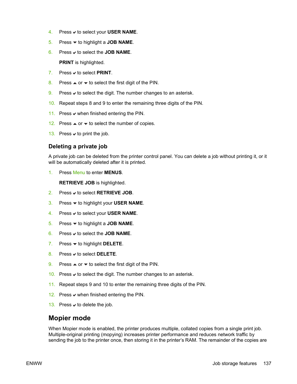 Deleting a private job, Mopier mode | HP Color LaserJet 4700 Printer series User Manual | Page 153 / 330